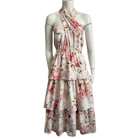 EXPRESS linen cream pink romantic crossover sexy halter tiered midi dress medium - Picture 1 of 16
